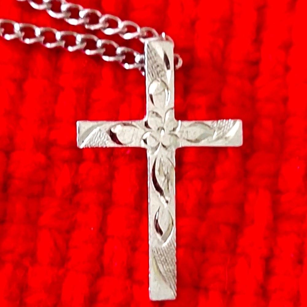Silver Toned Etched Cross